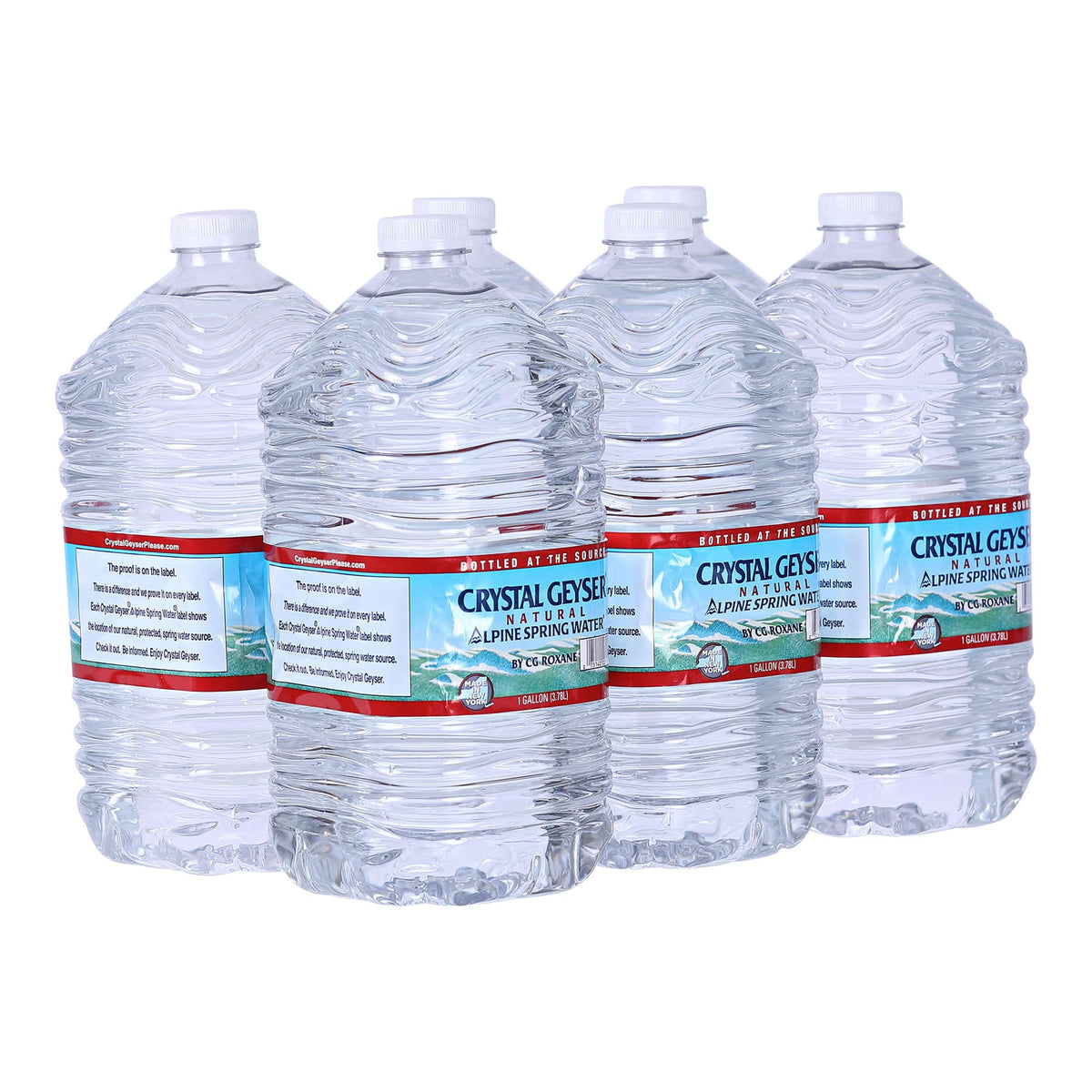 Crystal Geyser natural alpine spring water six-gallon pack on counter for home use