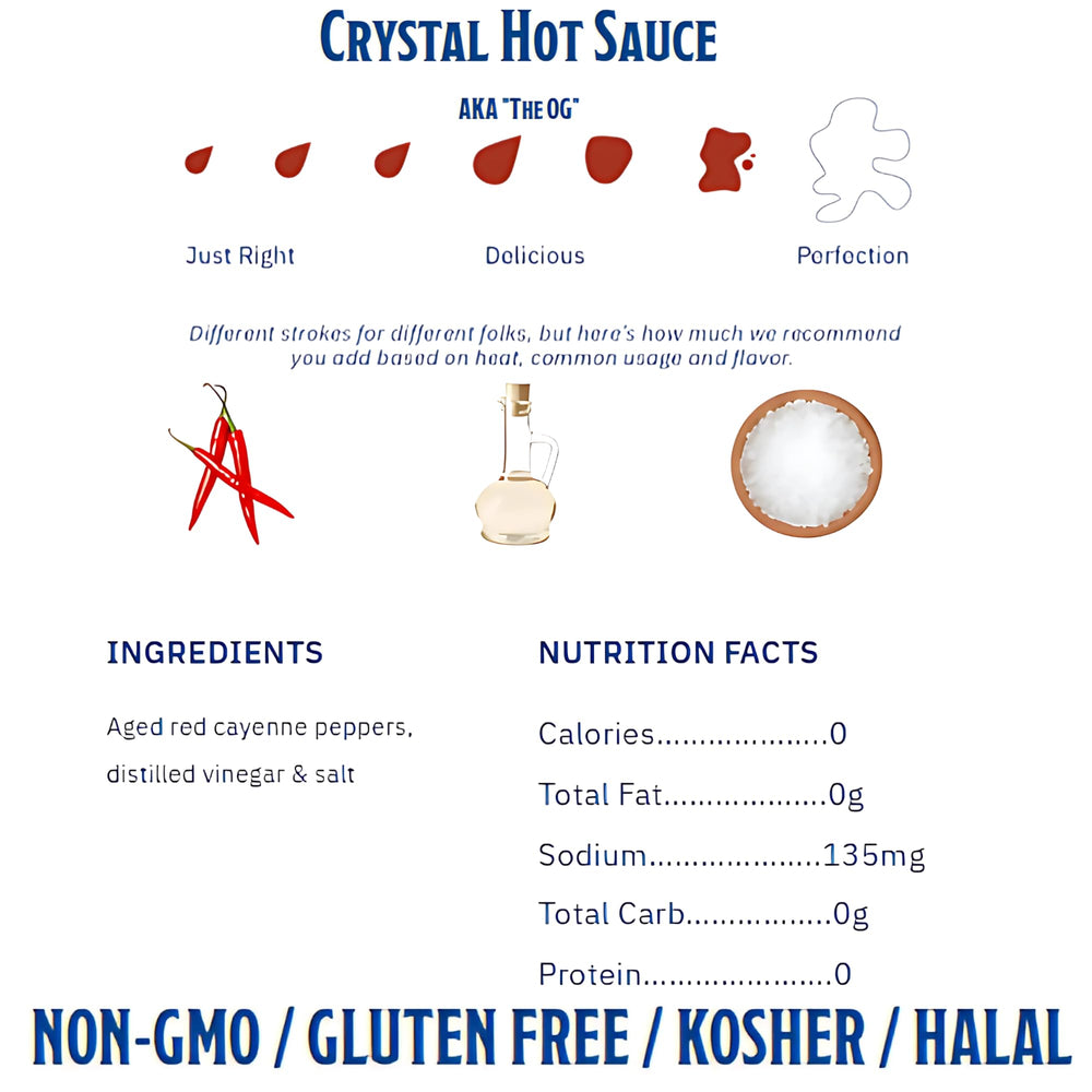 Crystal Hot Sauce Original bottle pour shows steady heat for taste.