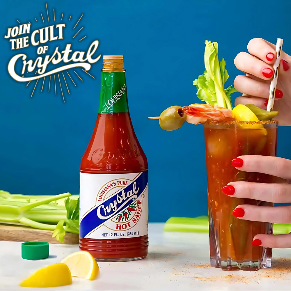 Crystal Hot Sauce Original label closeup highlights simple ingredients and heritage.