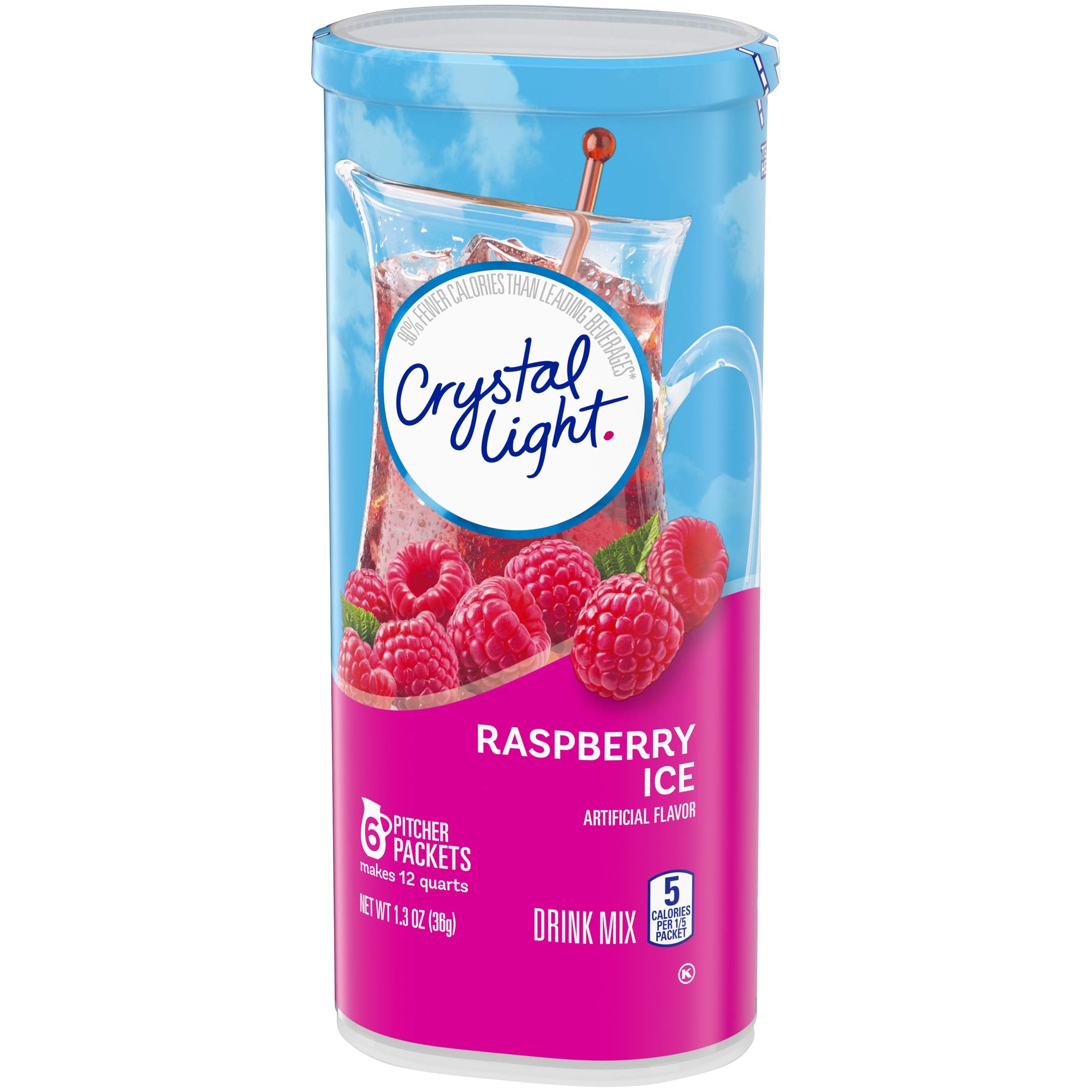 Crystal Light Raspberry Ice label close-up shows zero sugar and flavor notes.
