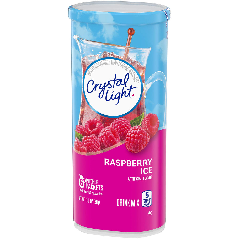 Crystal Light Raspberry Ice label close-up shows zero sugar and flavor notes.