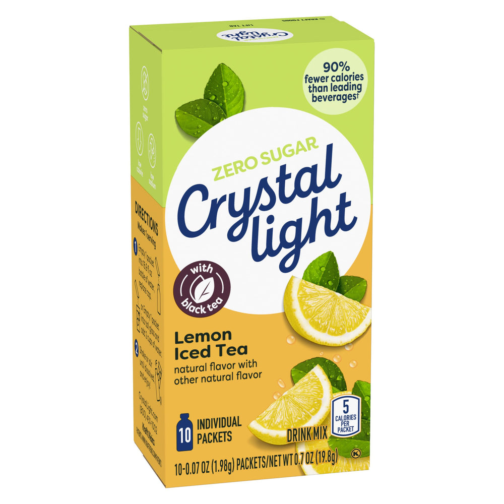 Crystal Light Lemon Iced Tea label highlights natural flavors and zero sugar.