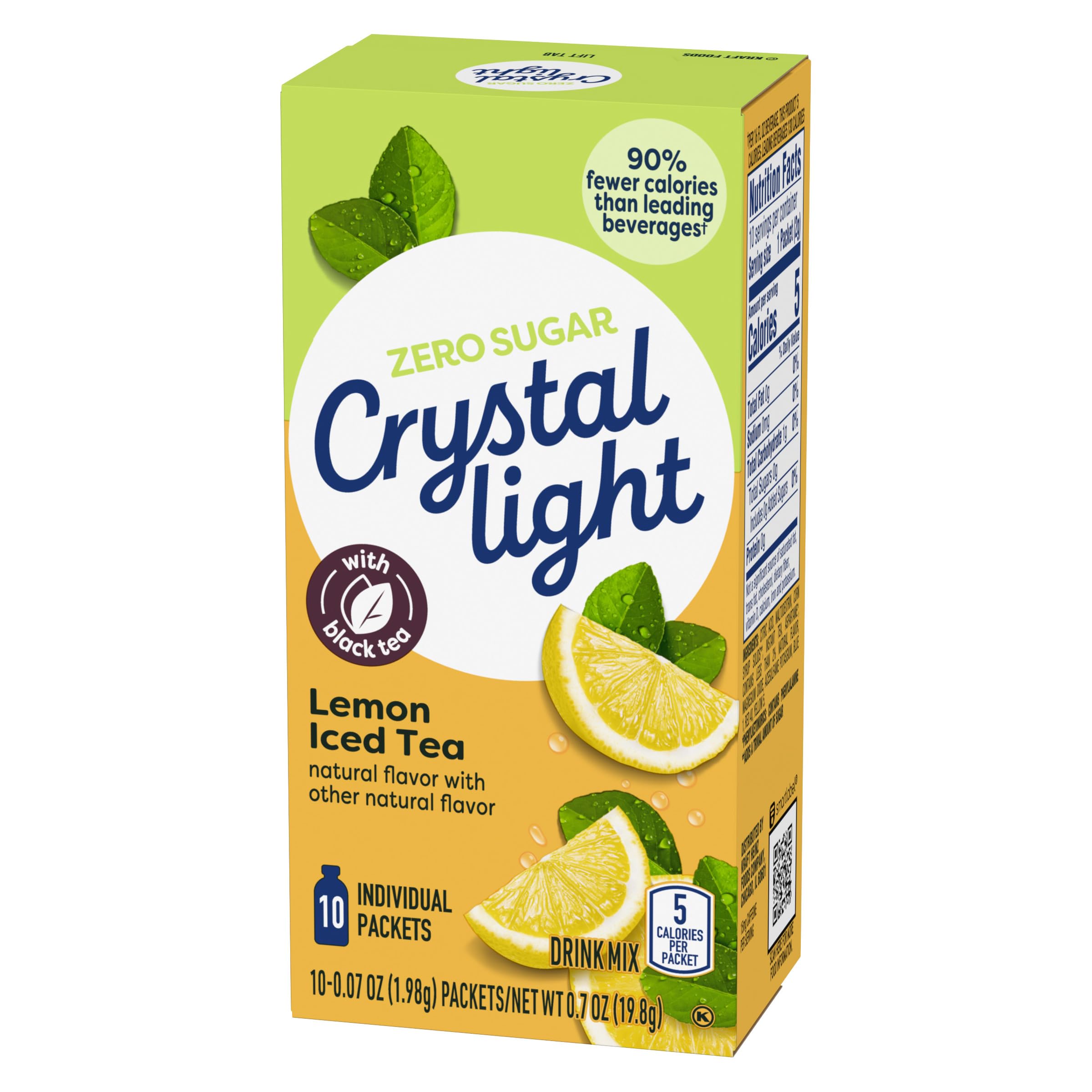 Crystal Light Lemon Iced Tea sachet shows zero sugar and five calories.