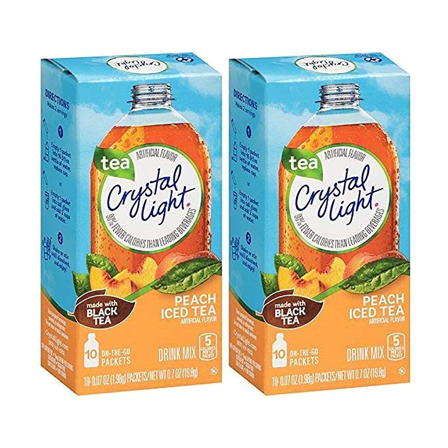 Crystal Light Peach Iced Tea on-the-go packets beside a water bottle for quick mixing