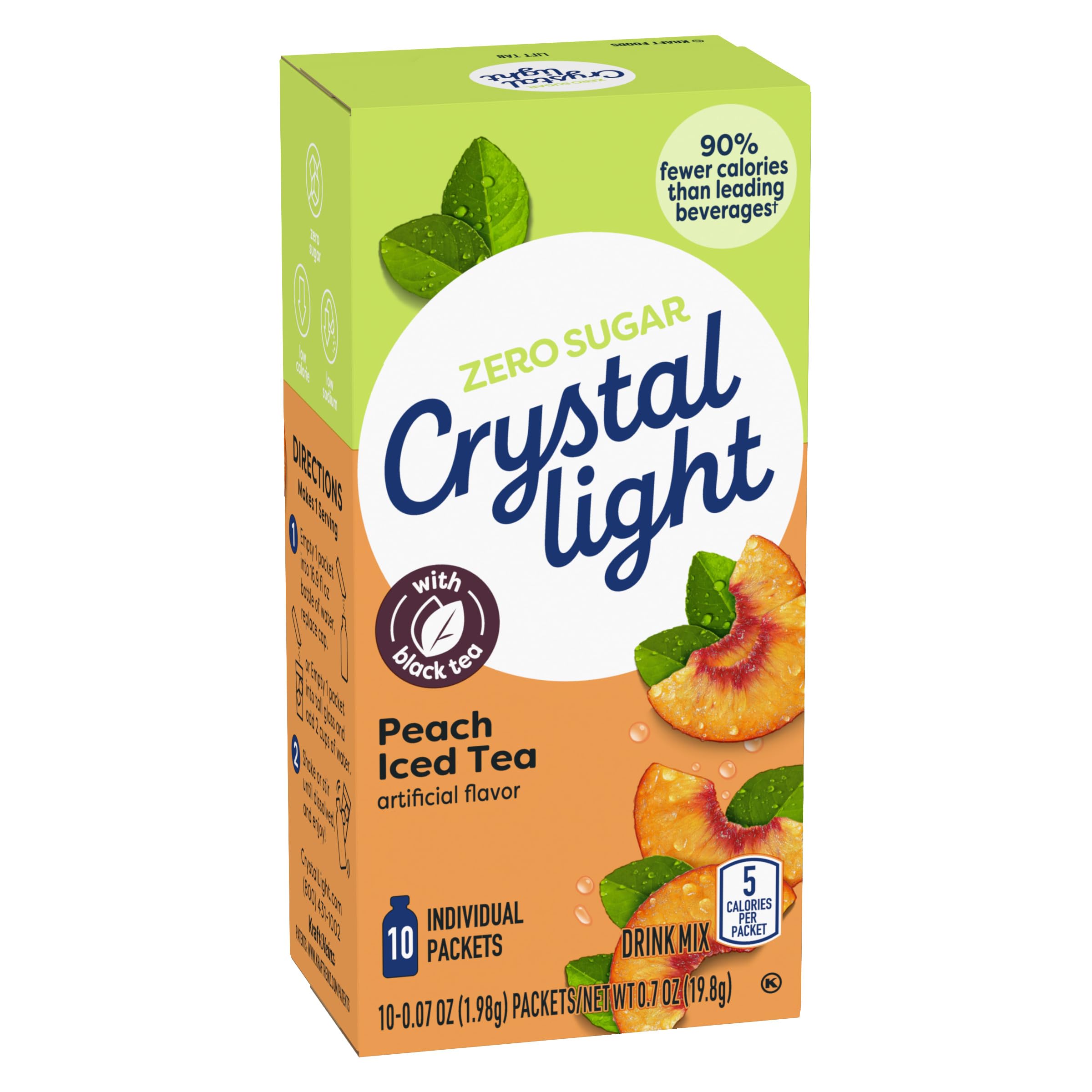 Close-up of Crystal Light peach iced tea packets
