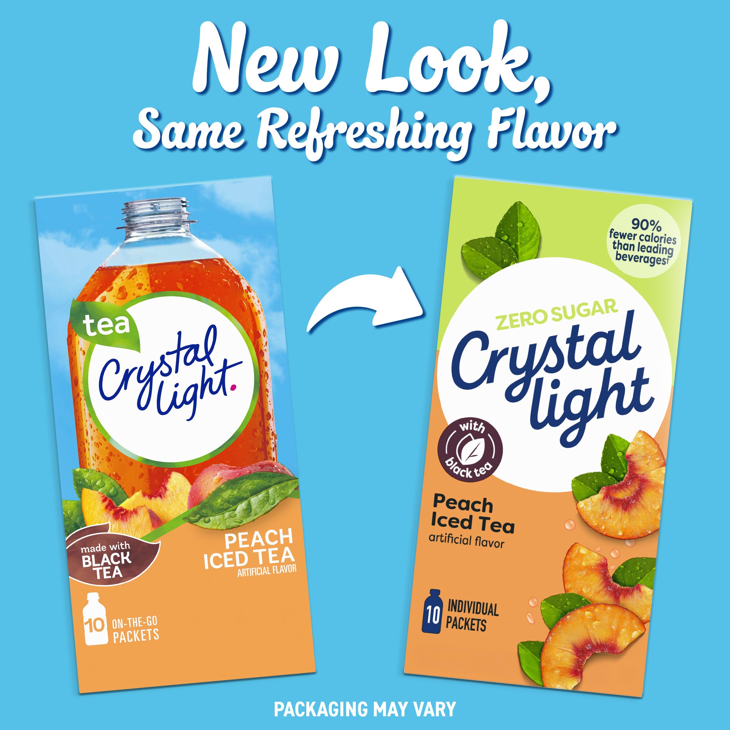 Crystal Light peach iced tea packets in a travel bag for on-the-go convenience
