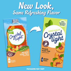 Crystal Light peach iced tea packets in a travel bag for on-the-go convenience