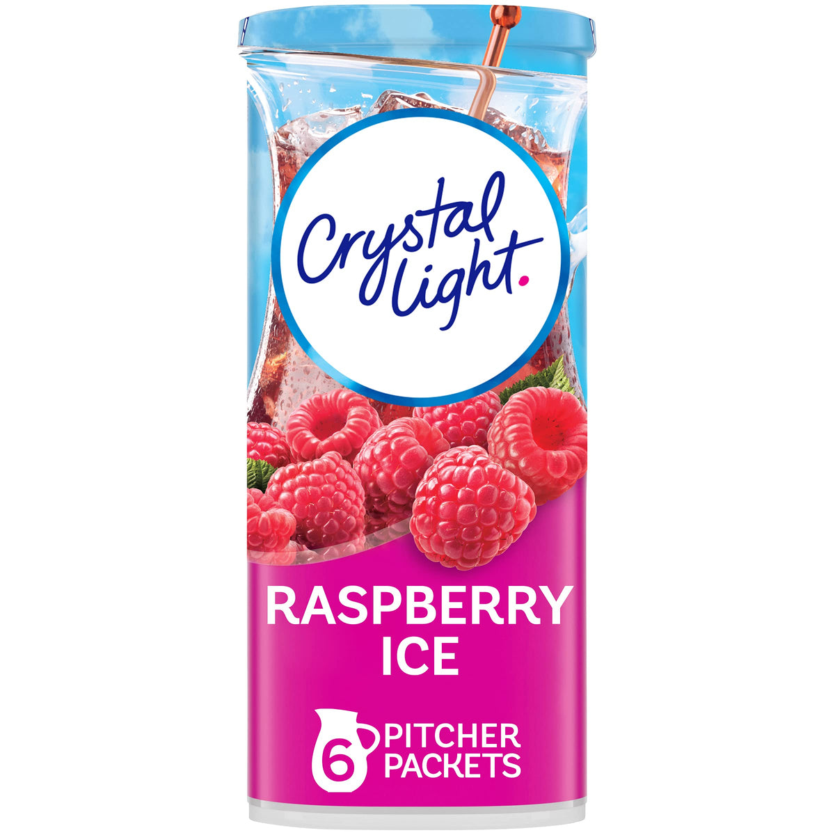 Crystal Light Raspberry Ice canister highlighting zero sugar and 5 calories per serving.