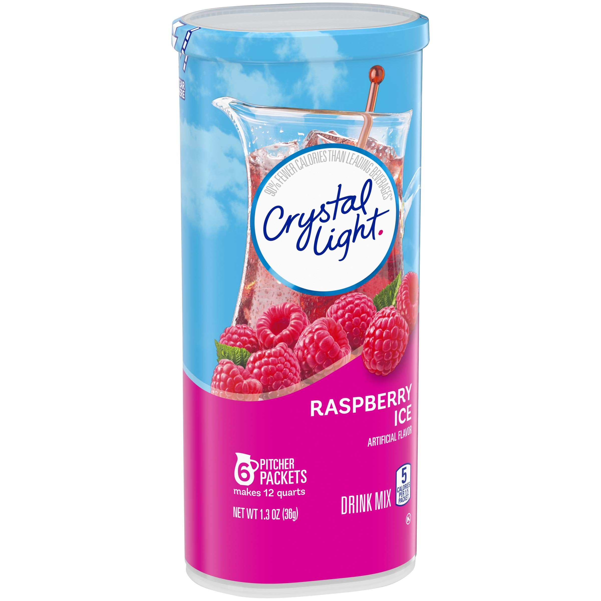 Six-pack Crystal Light Raspberry Ice pitcher packets canister for quick flavor boosts.