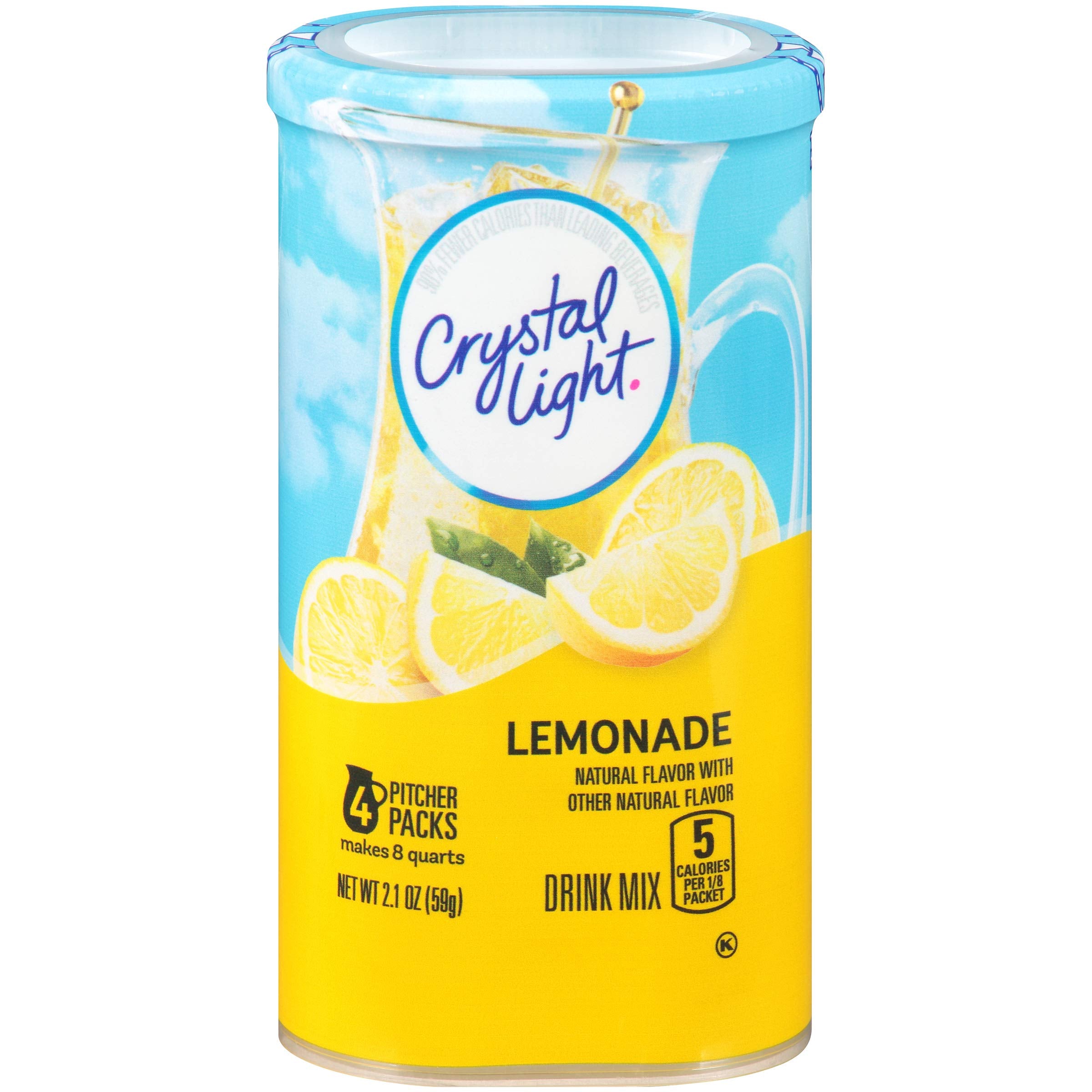 Crystal Light sugar-free lemonade packets front view for quick, sugar-free refreshment.