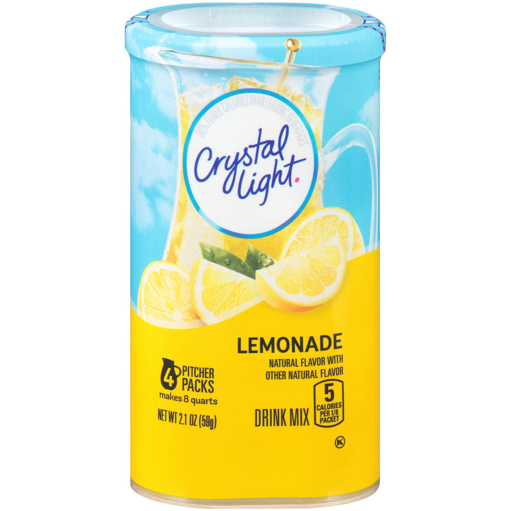Crystal Light sugar-free lemonade packets front view for quick, sugar-free refreshment.