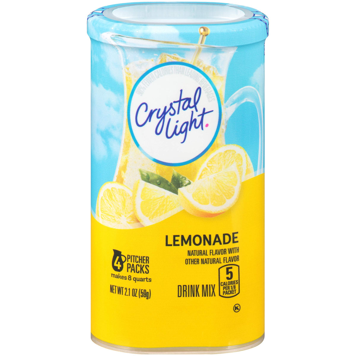 Crystal Light sugar-free lemonade packets front view for quick, sugar-free refreshment.