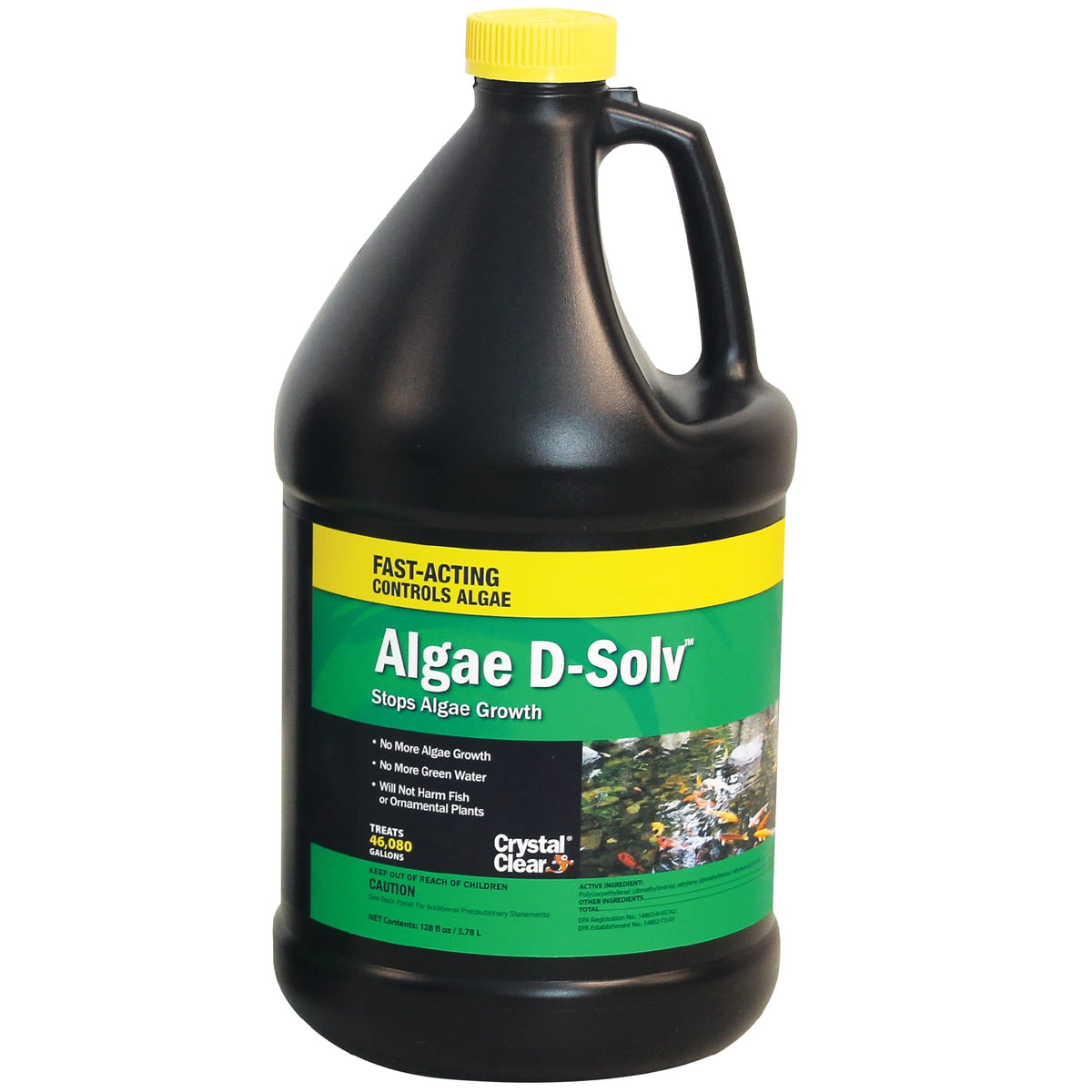 CrystalClear Algae D-Solv bottle pour for quick pond algae control