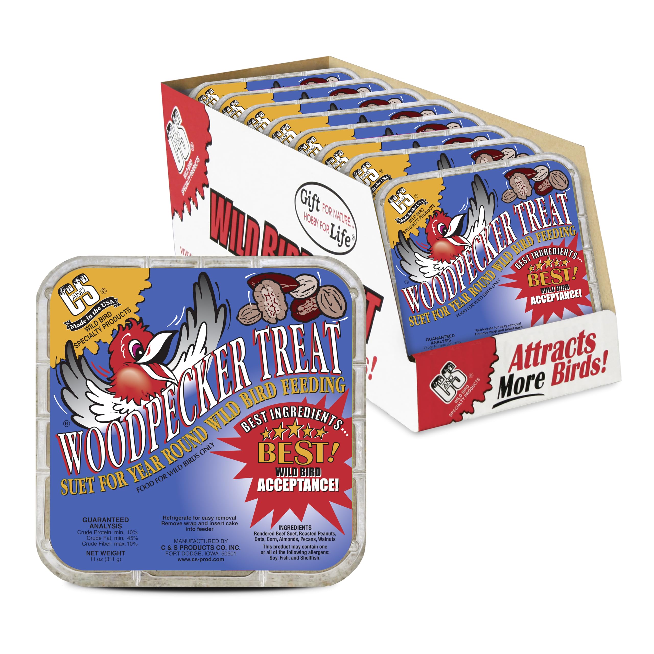C&S Woodpecker Suet Cake packaging highlights quality ingredients for birds.