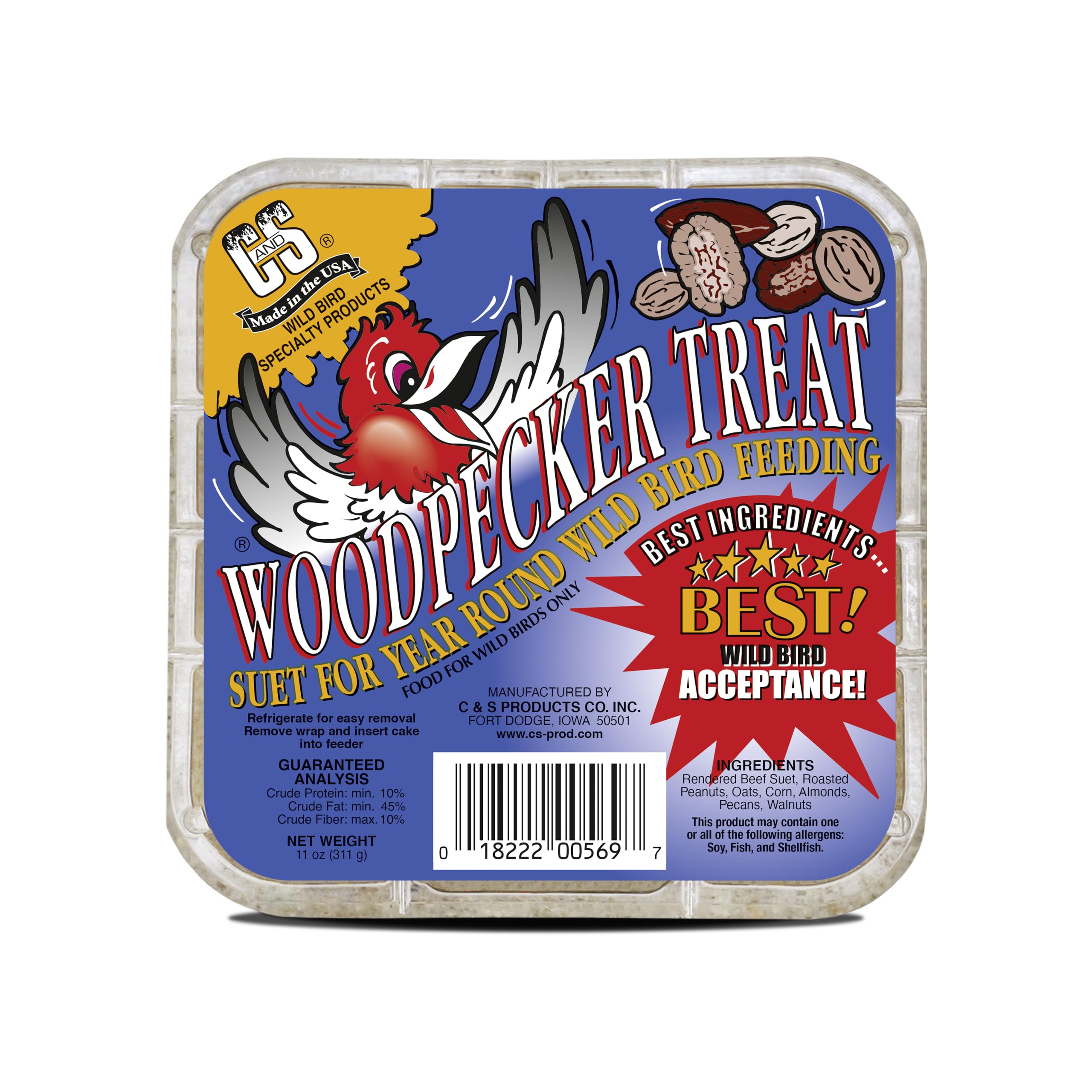 C&S Woodpecker Suet Cake on a wire feeder attracts woodpeckers.