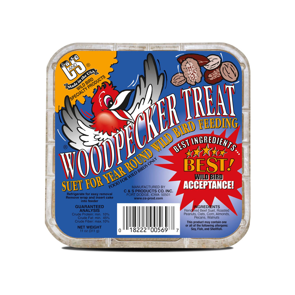C&S Woodpecker Suet Cake on a wire feeder attracts woodpeckers.