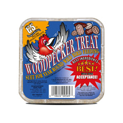 C&S Woodpecker Suet Cake on a wire feeder attracts woodpeckers.