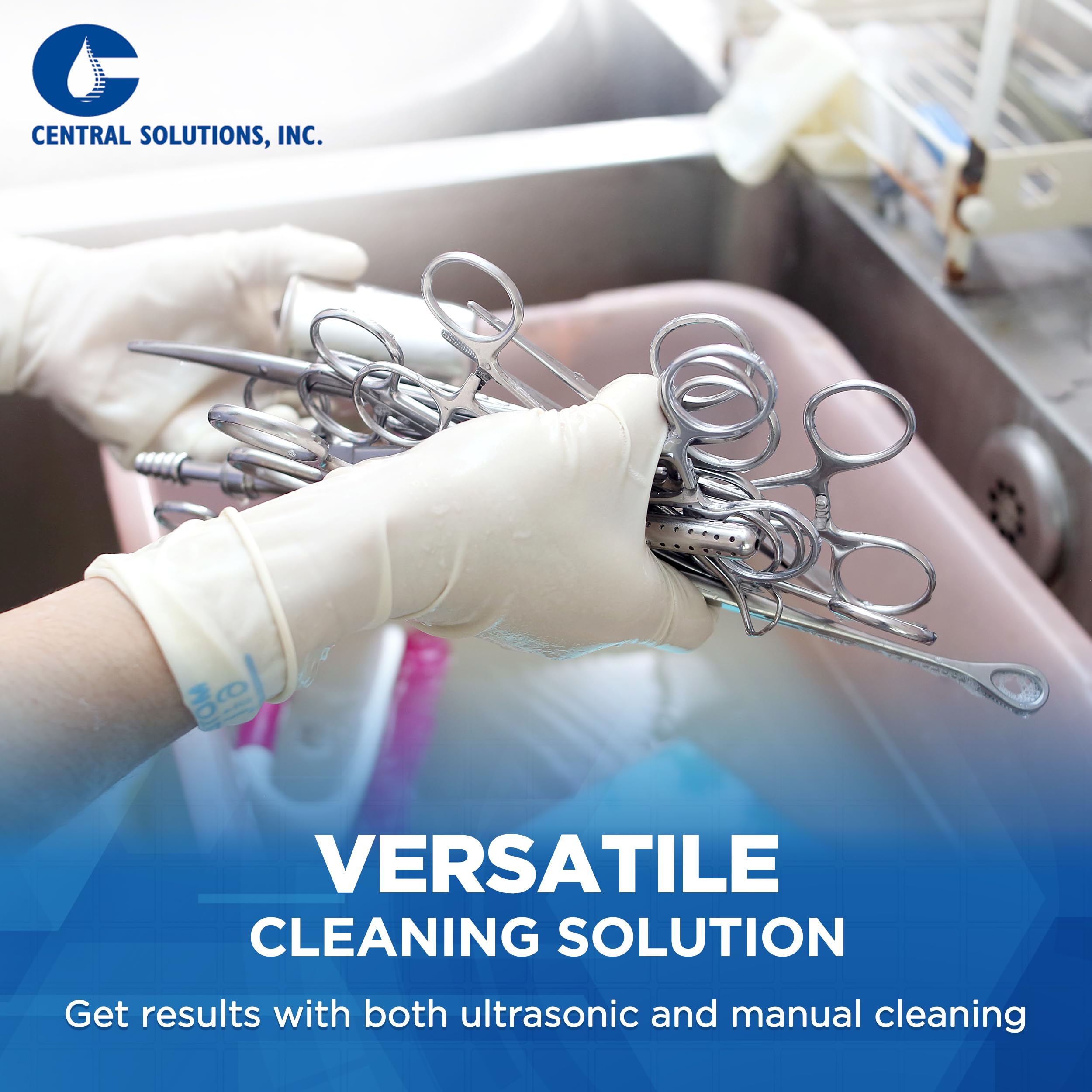 CSI Central Solutions Multi Enzymatic Cleanser instrument tray cleaning—prepares instruments for reliable sterilization.