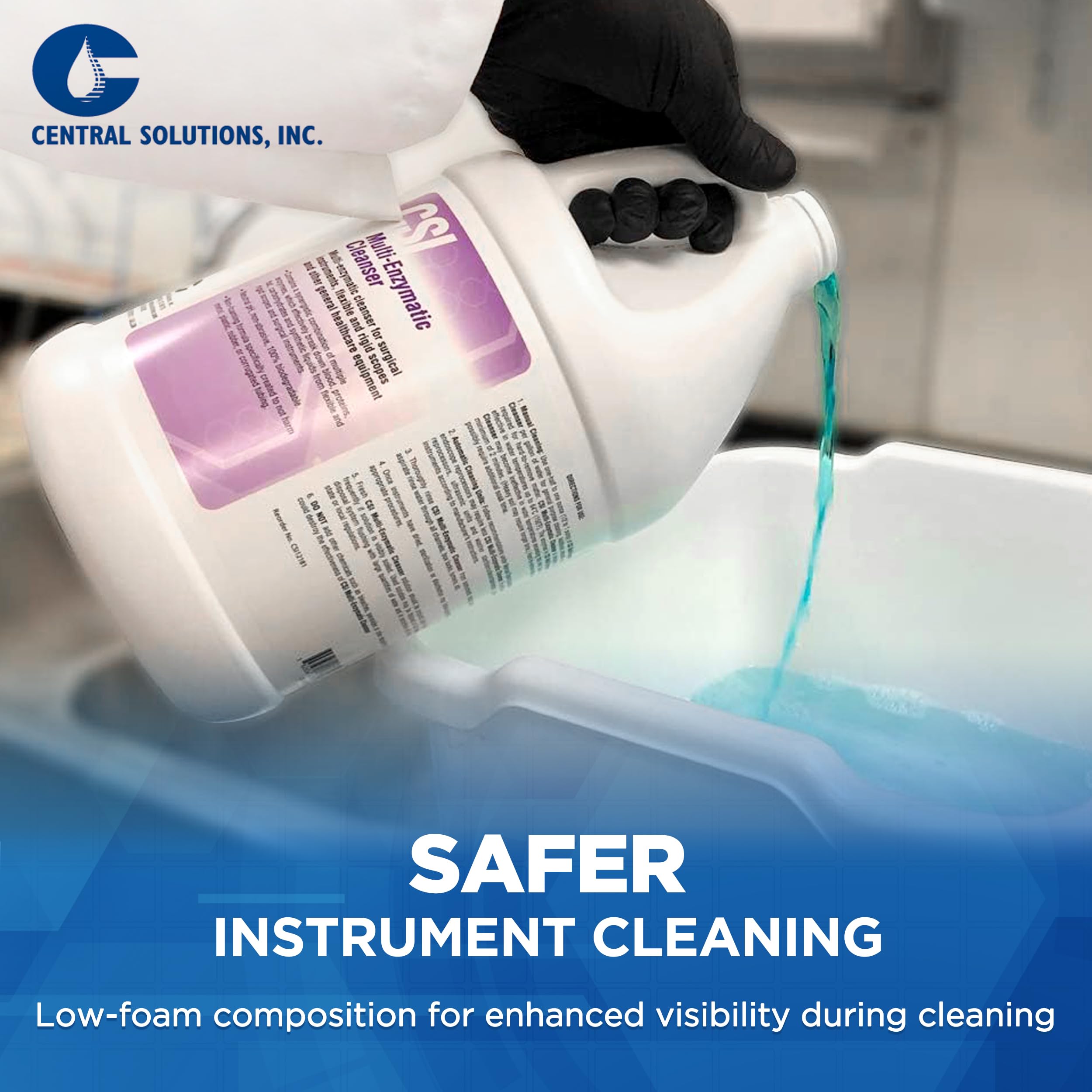 CSI Central Solutions Multi Enzymatic Cleanser label area—clear labeling aids quick identification.