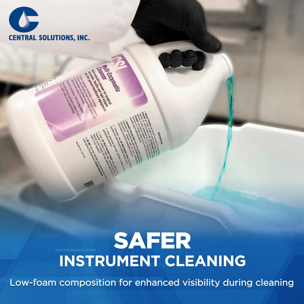 CSI Central Solutions Multi Enzymatic Cleanser label area—clear labeling aids quick identification.