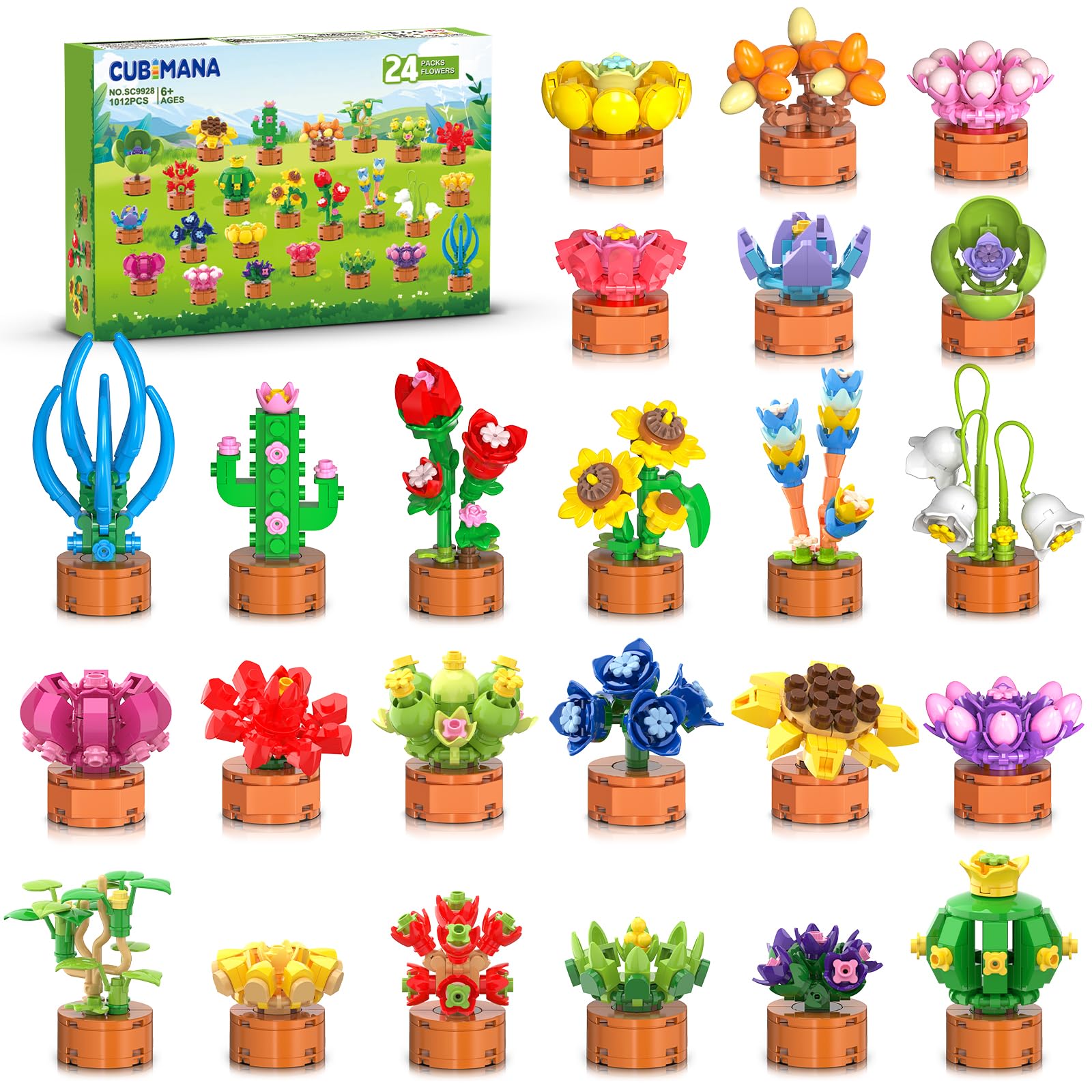 Cubimana 24-pack flowers and succulents build blocks for creative play.