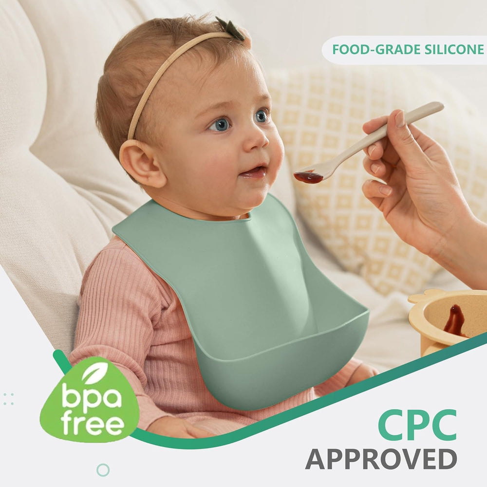 Cuddle Campus silicone bib with adjustable neck for growing babies during meals.
