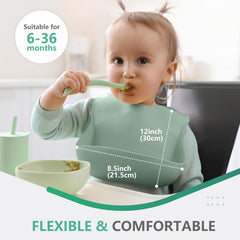 Cuddle Campus silicone bib with expand-pocket design to catch more food.