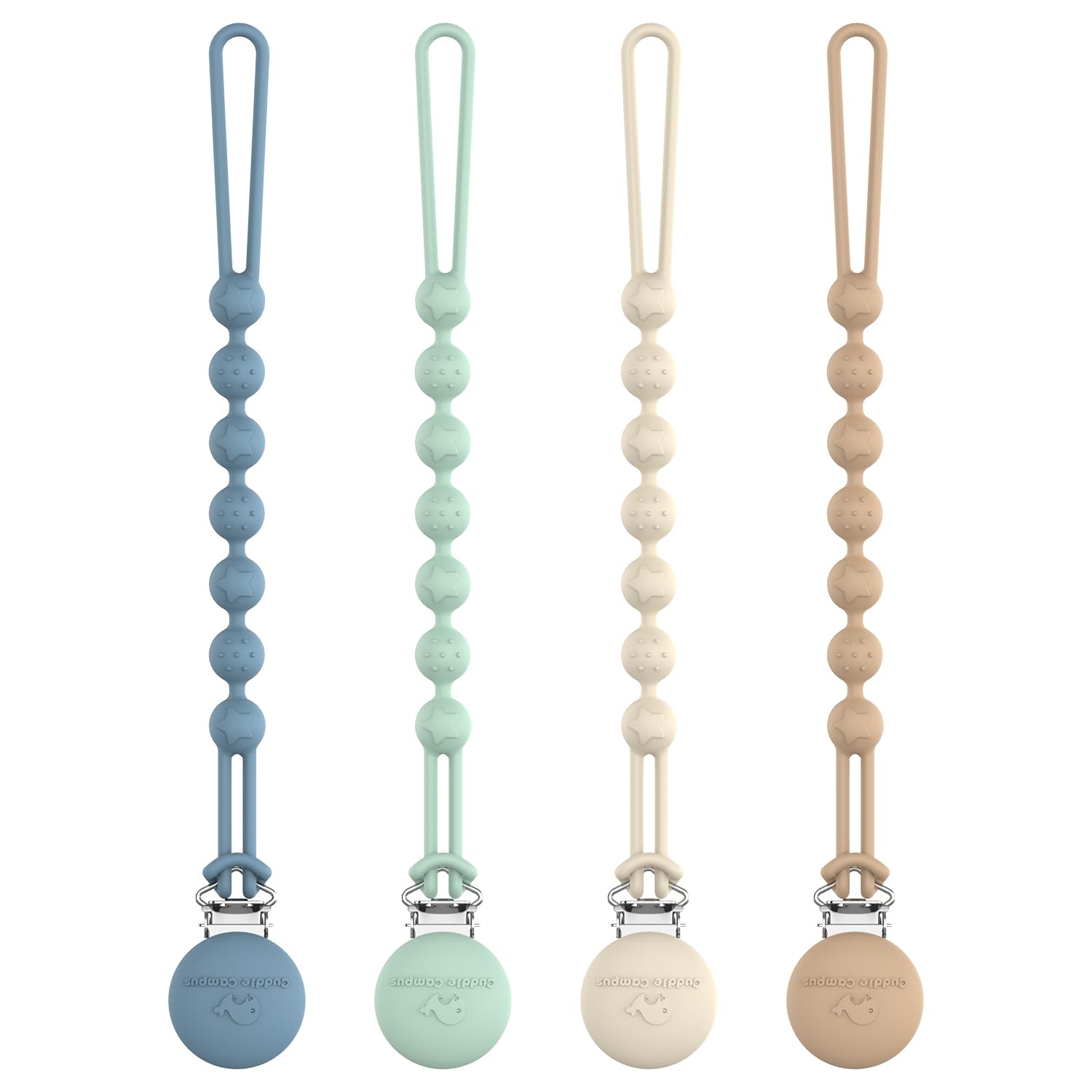 Cuddle Campus silicone pacifier clip one-piece design for seamless use.