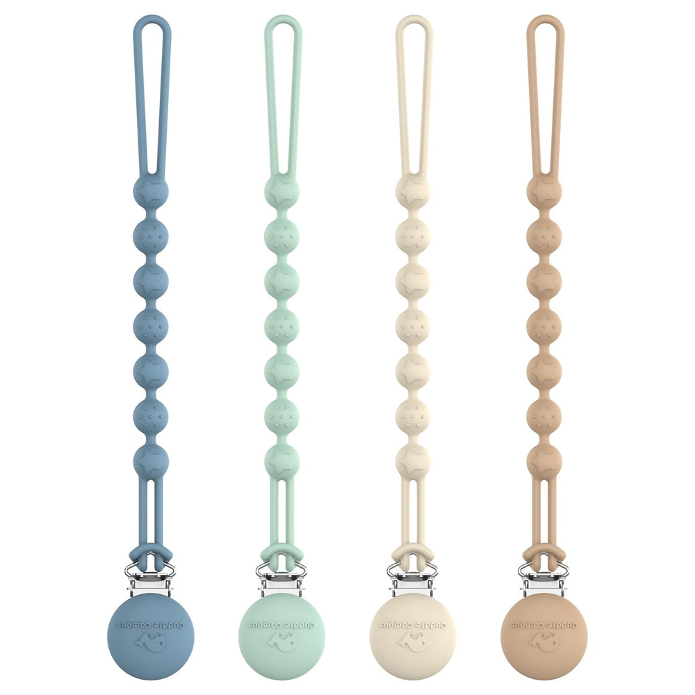 Cuddle Campus silicone pacifier clip one-piece design for seamless use.