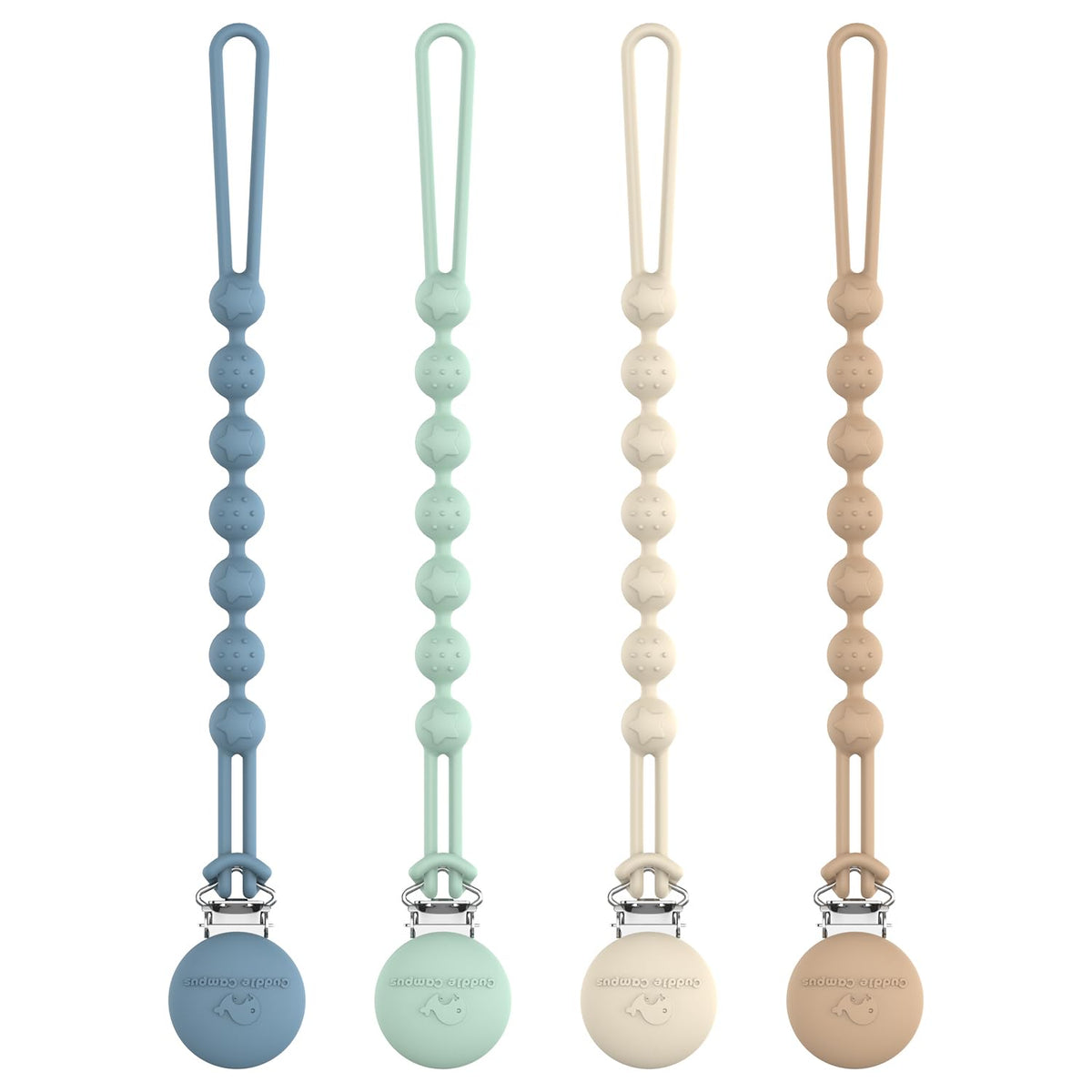 Cuddle Campus silicone pacifier clip one-piece design for seamless use.