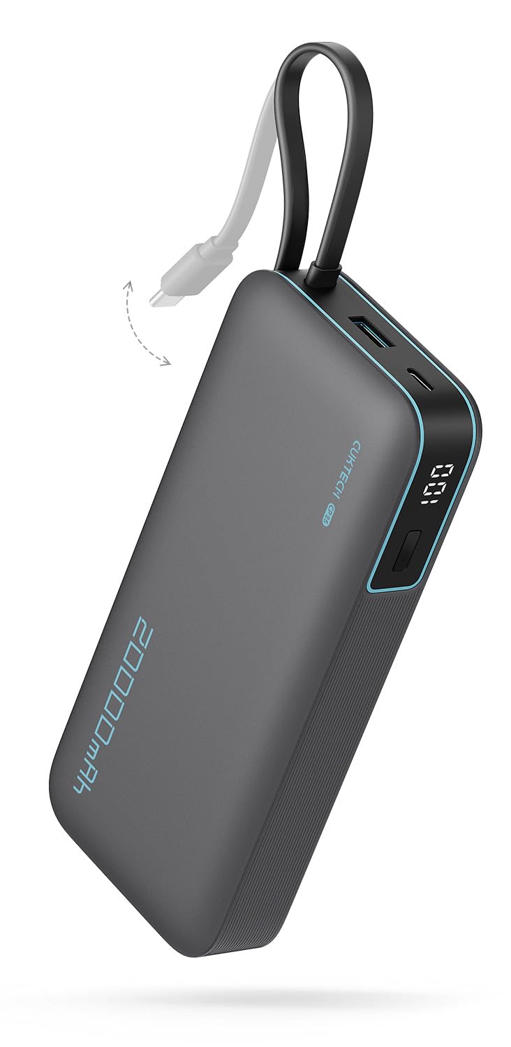 CUKTECH 45W power bank front view with built-in USB-C cable for fast charging