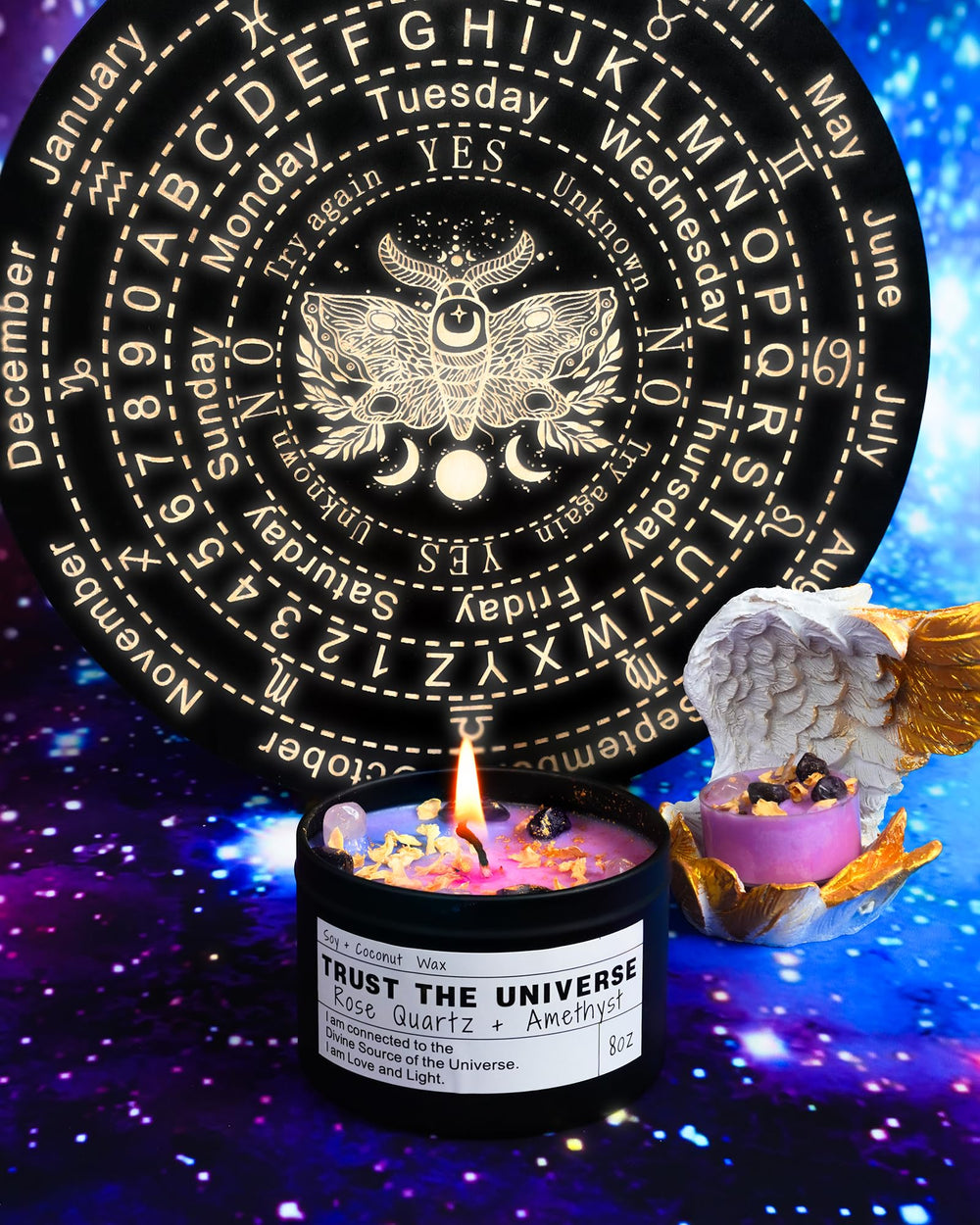 CULACEE Rose Quartz crystal visible in the candle enhances self-love during meditation