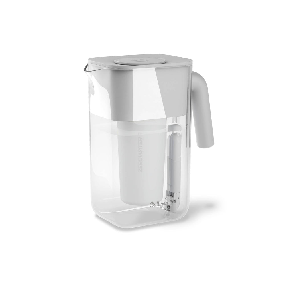 Culligan ZeroWater pitcher with 10-cup capacity for family hydration on the kitchen counter.