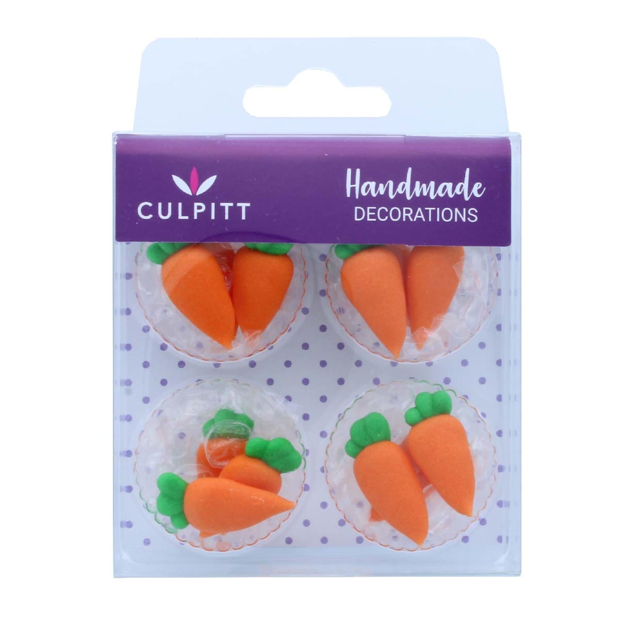 Culpitt carrot sugar pipings add bright orange decoration to cupcakes and cakes