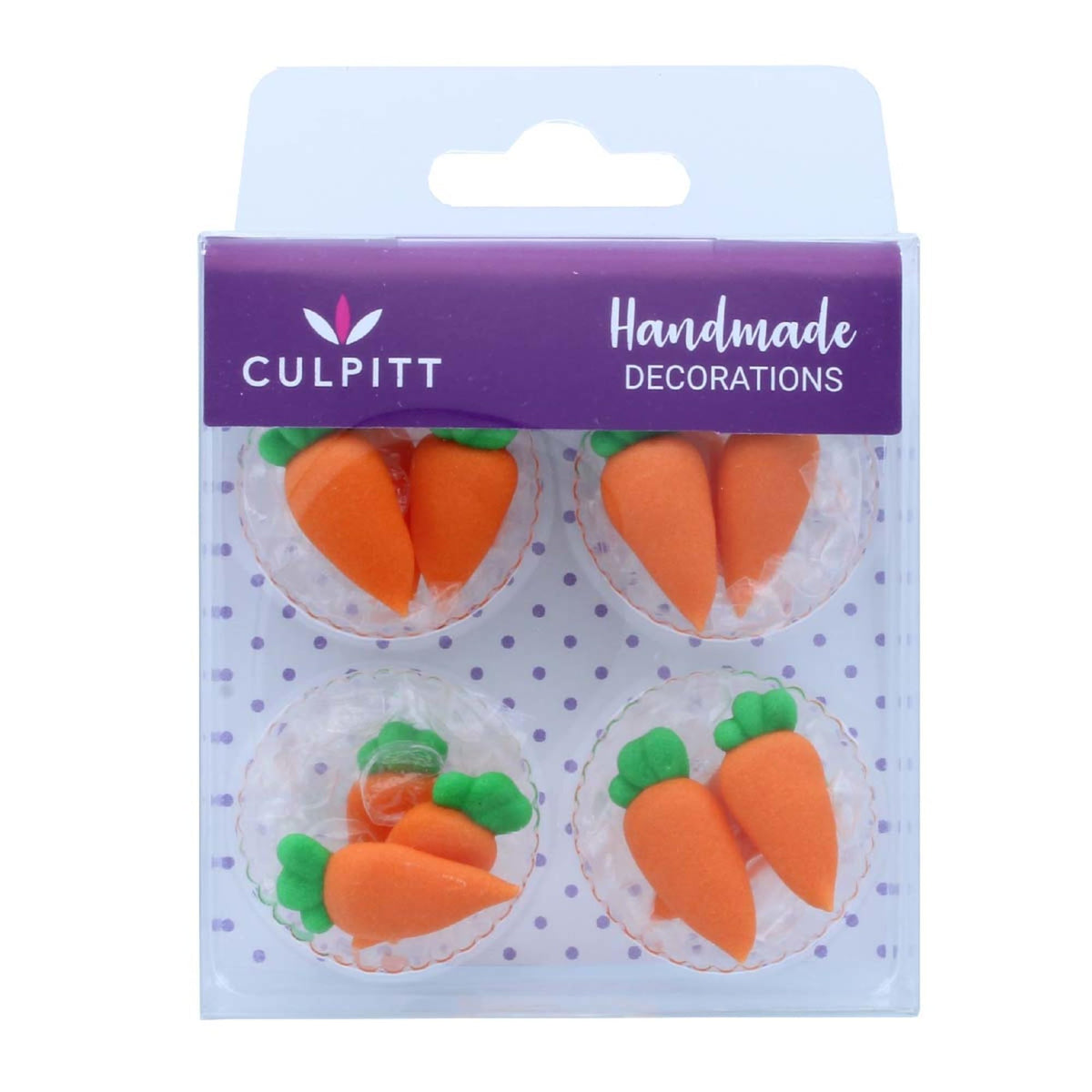 Culpitt carrot sugar pipings add bright orange decoration to cupcakes and cakes