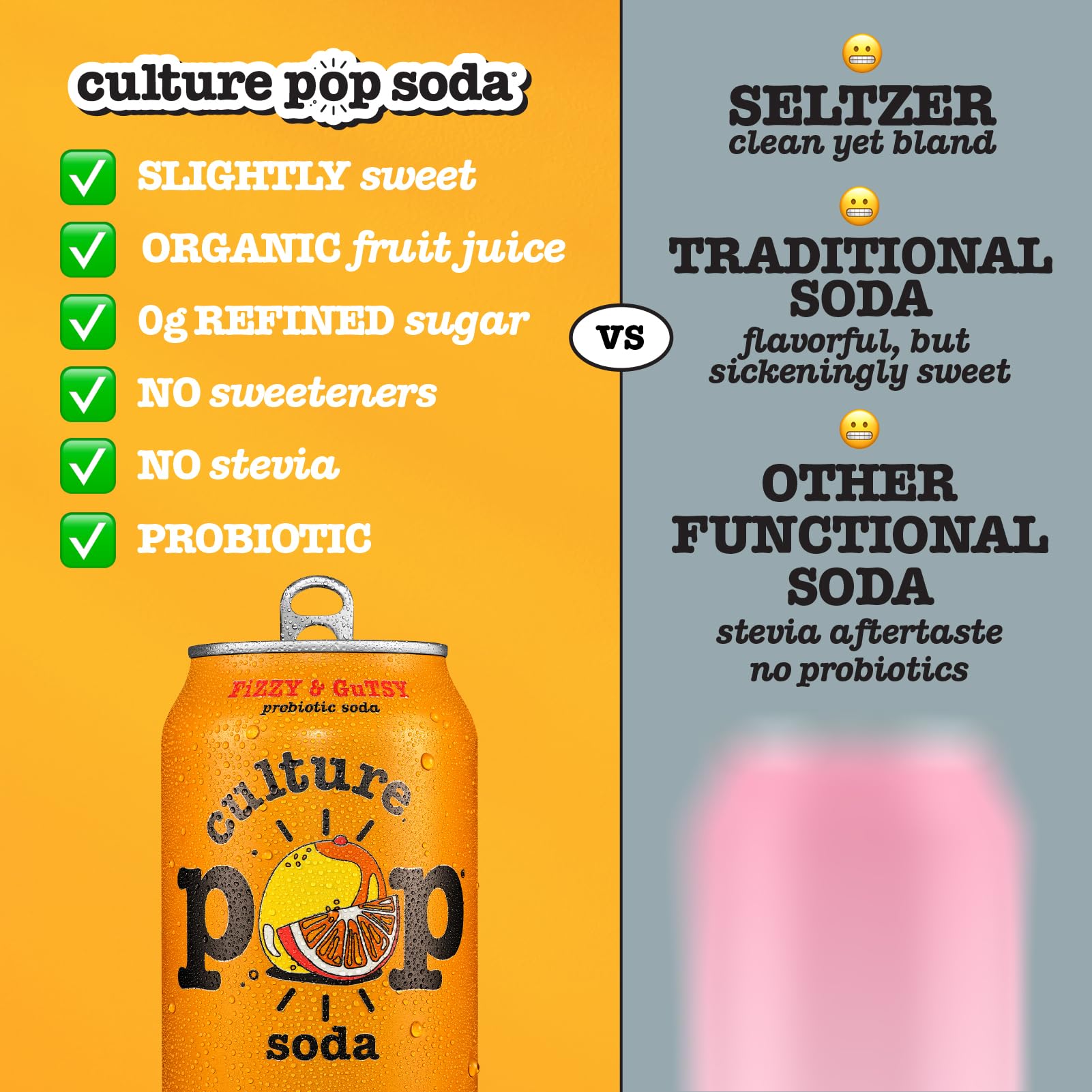 Culture Pop can close-up highlights bright label and real fruit-sweetened taste.