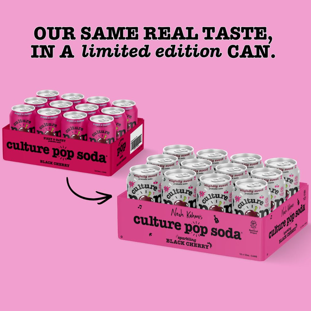 Culture Pop Noah Kahan Black Cherry poured into a tall glass with bubbles.