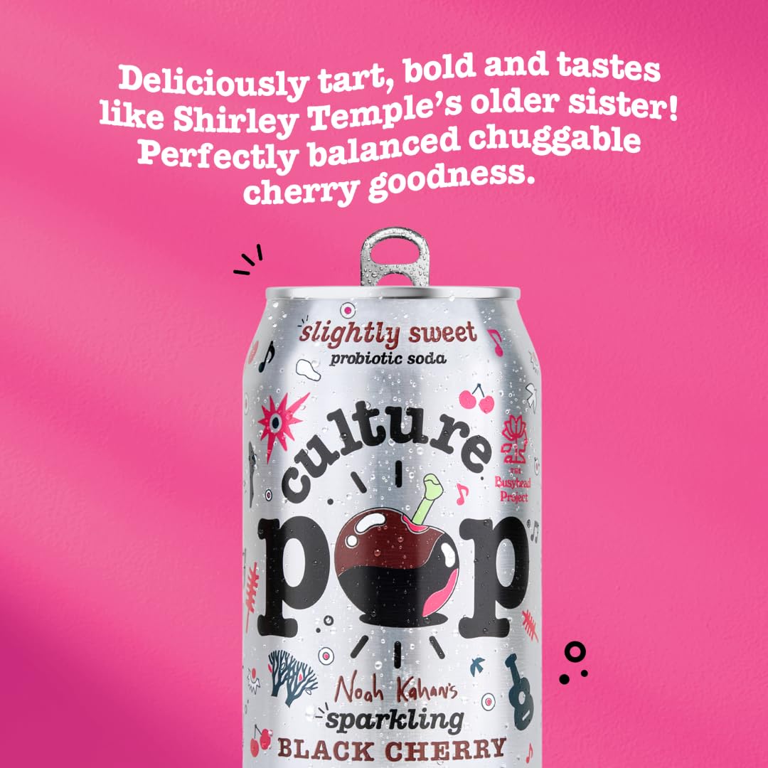 Visual of live probiotic icon on Culture Pop Noah Kahan Black Cherry packaging.