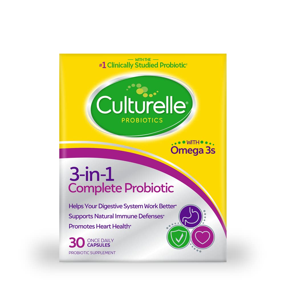 Culturelle 3-in-1 Complete daily bottle with capsules for digestive balance.