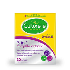 Culturelle 3-in-1 Complete daily bottle with capsules for digestive balance.