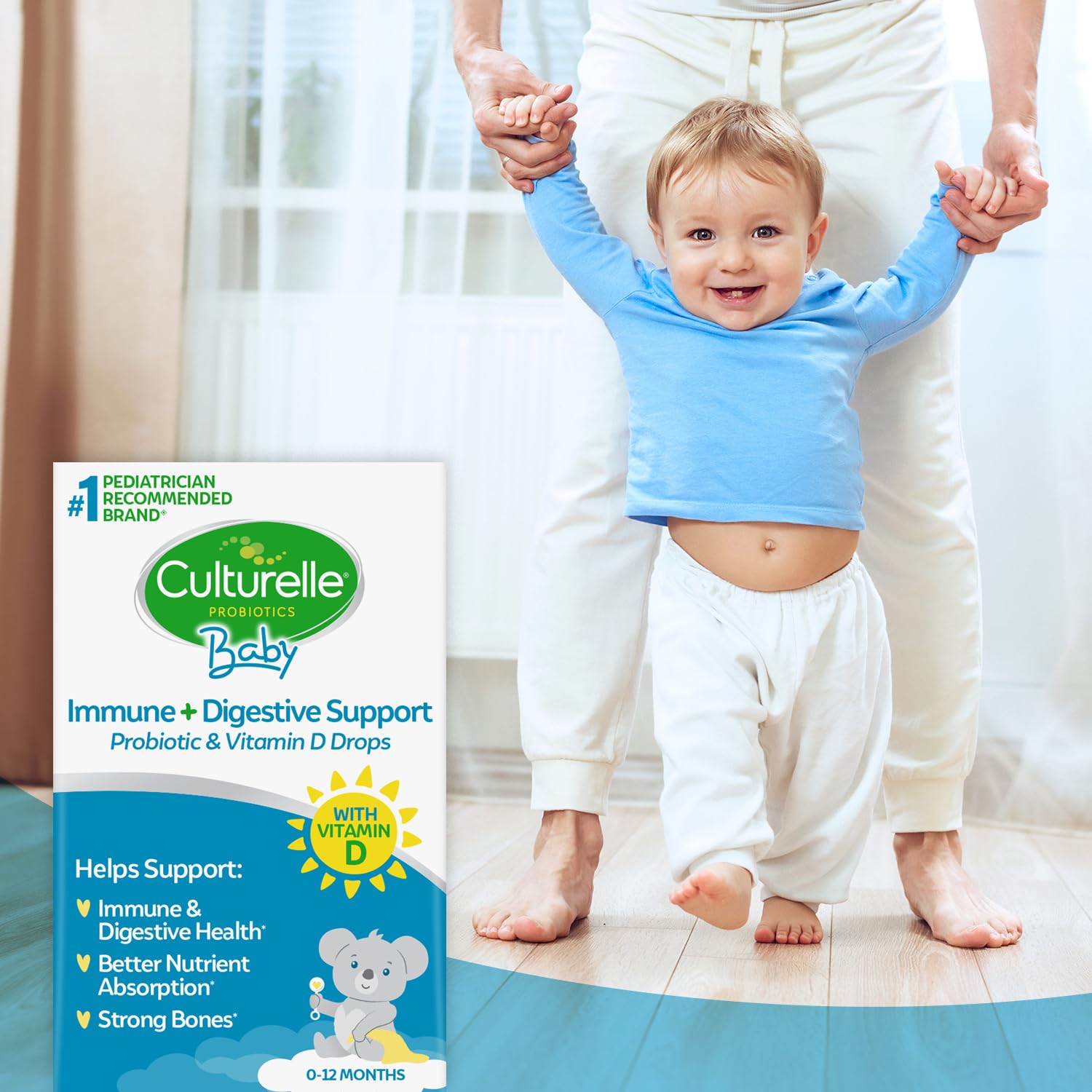 Non-GMO, gluten-free and sugar-free icons on Culturelle packaging.