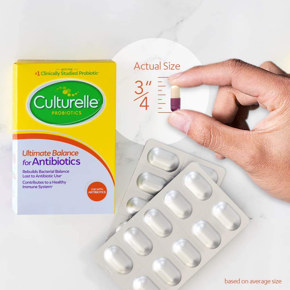 Culturelle bottle with label closeup emphasizes trusted probiotic for digestive comfort.