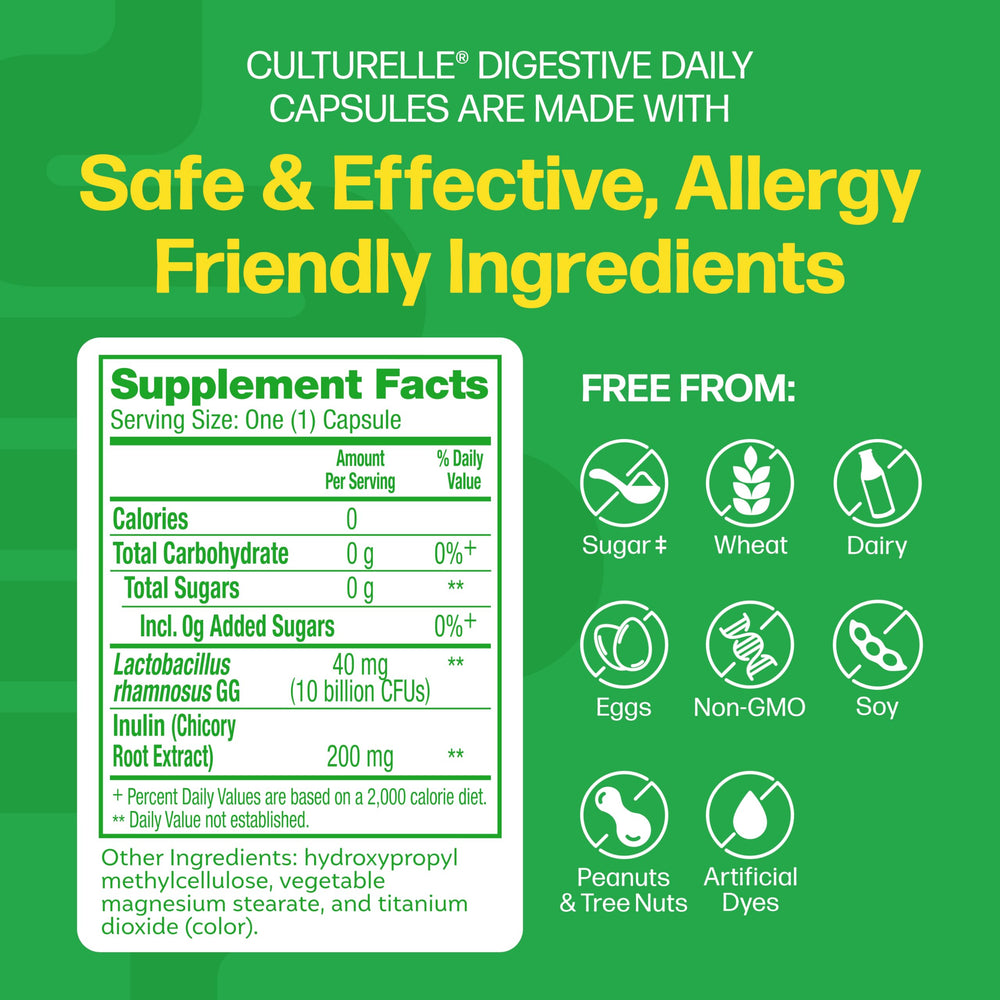 Culturelle probiotic bottle front showing 30 count for ongoing digestive support.