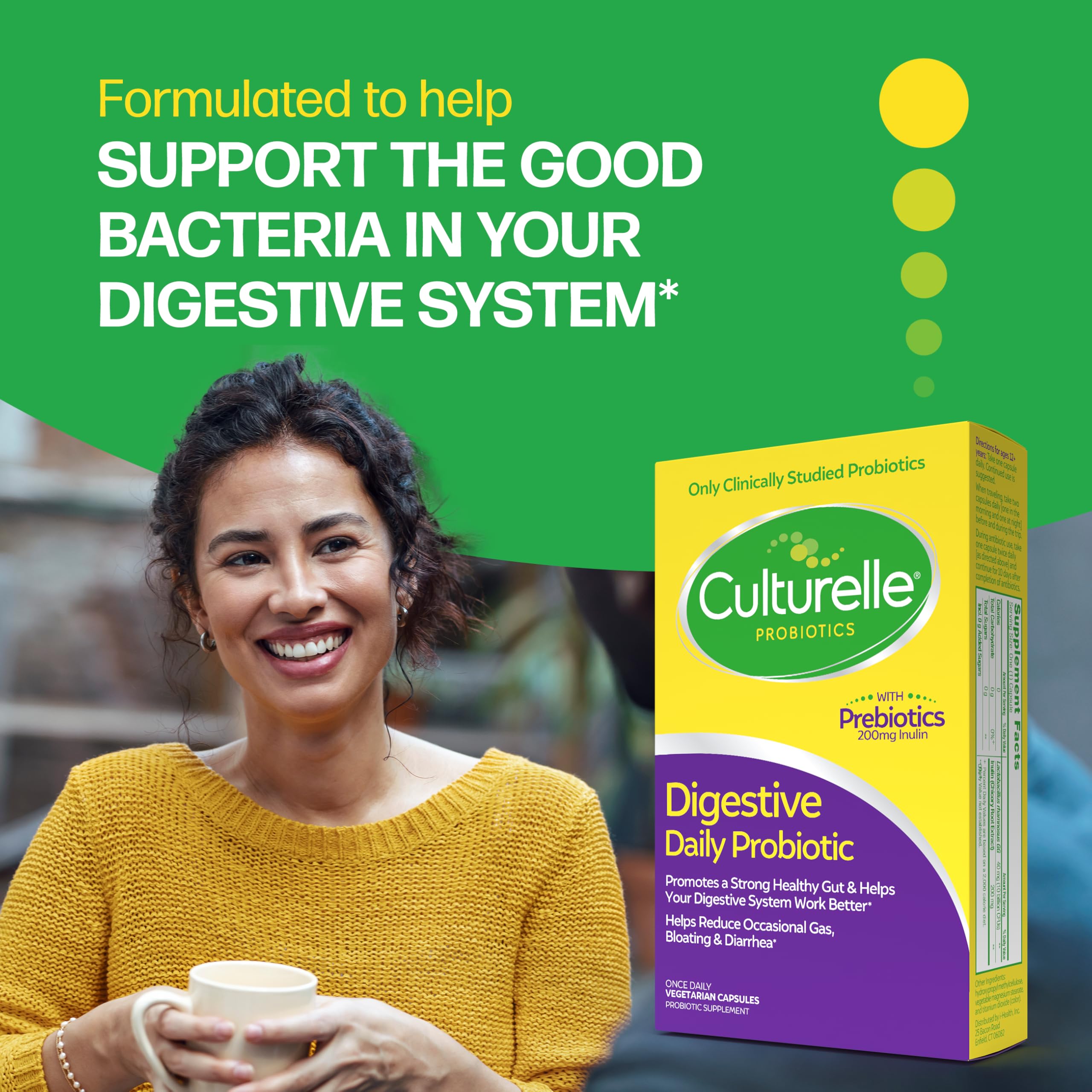 Close-up of Culturelle label highlighting Lactobacillus rhamnosus GG strain.