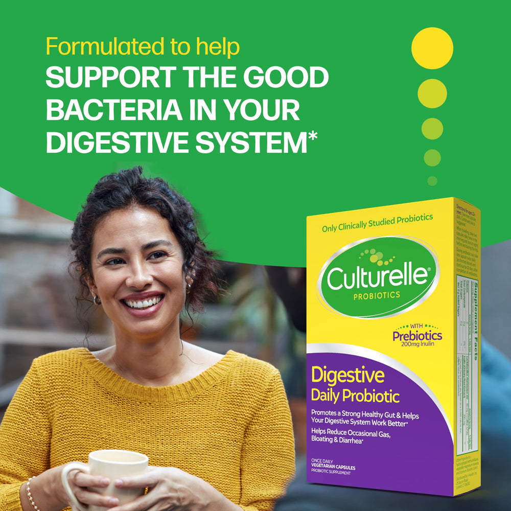 Close-up of Culturelle label highlighting Lactobacillus rhamnosus GG strain.