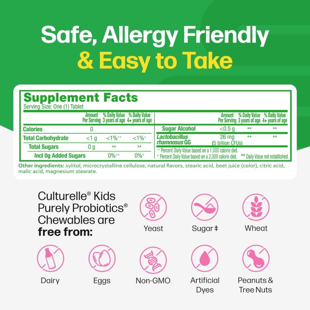 Culturelle Kids chewables closeup highlights berry flavor and 5B CFUs for digestive health.