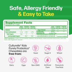 Culturelle Kids chewables closeup highlights berry flavor and 5B CFUs for digestive health.