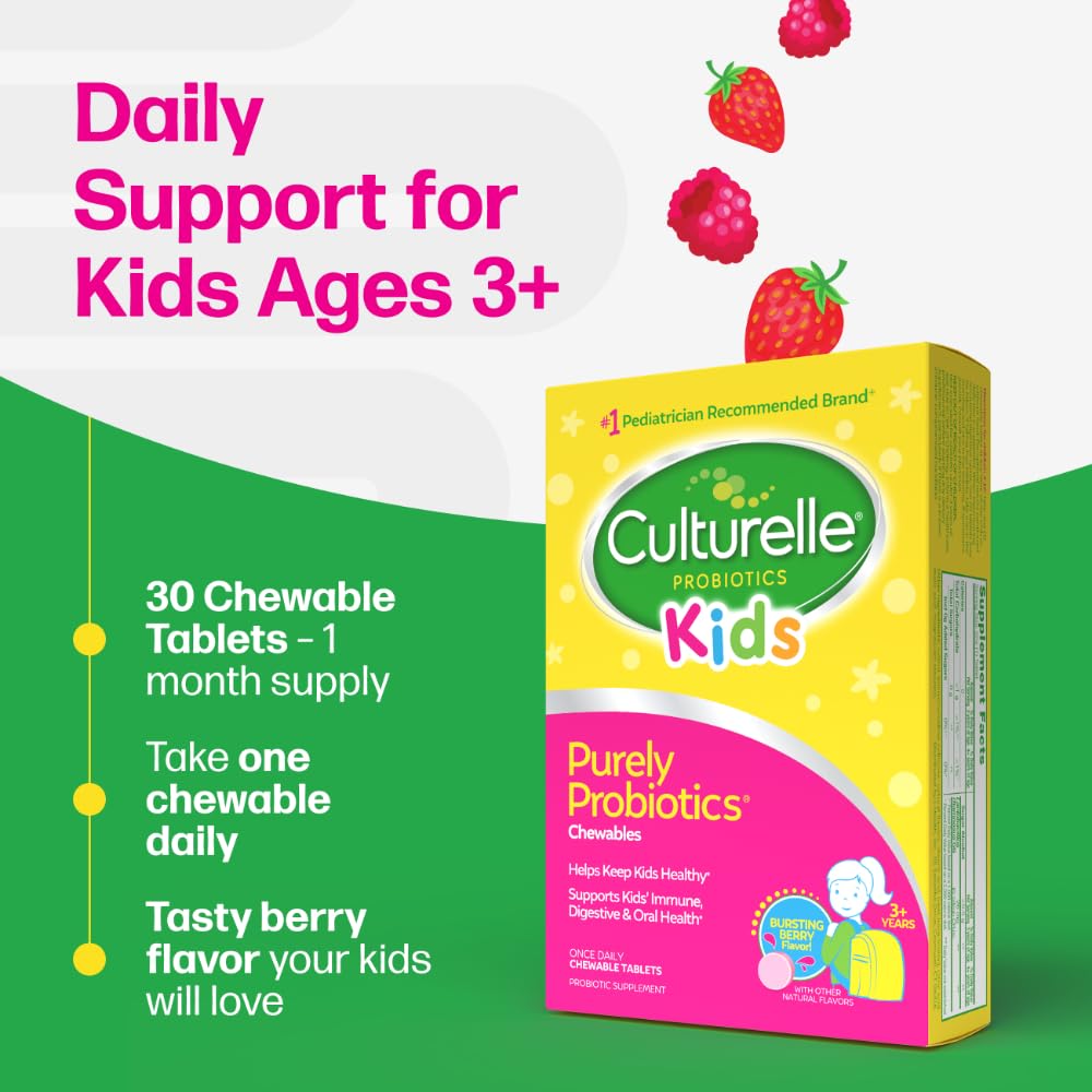 Culturelle Kids berry-pack-front highlights 30-count daily probiotic bottles.