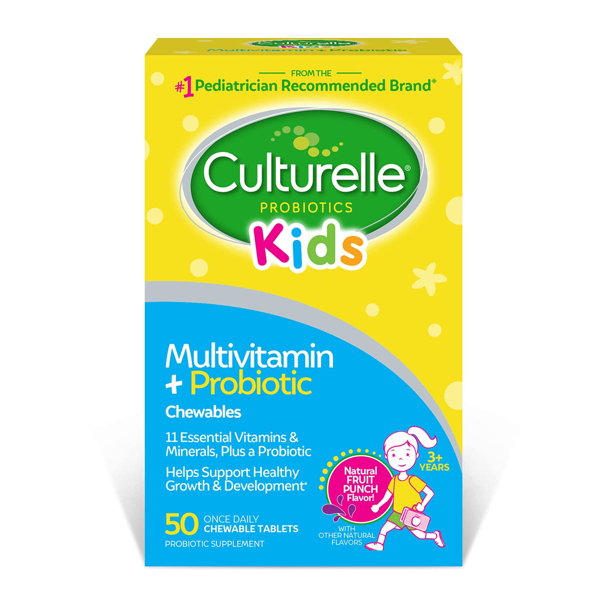 Culturelle Kids complete multivitamin probiotic bottle for daily use supports growth and immune health.