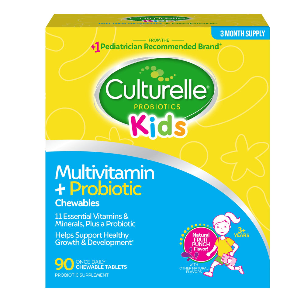 Culturelle Kids Complete Multivitamin + Probiotic chewables in fruit punch flavor for daily nutrition.
